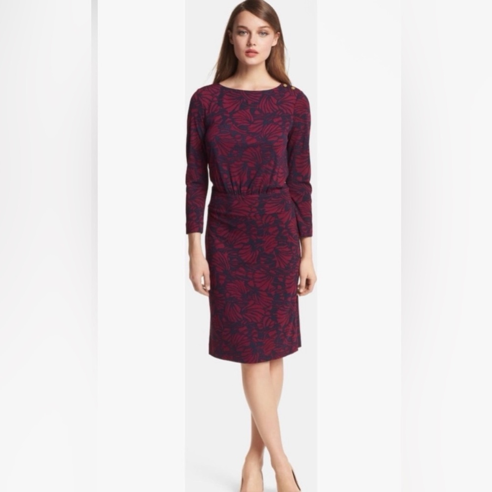 Tory Burch Burgundy and Navy Floral Midi Dress